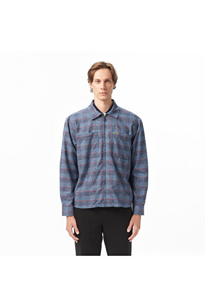 Lacoste Men's Relaxed Fit Shirt Collar Plaid Navy Blue Jacket