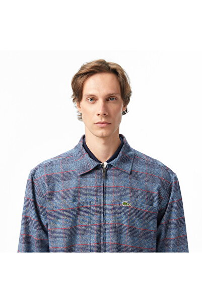 Lacoste Men's Relaxed Fit Shirt Collar Plaid Navy Blue Jacket