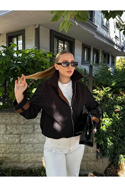 FİOXCO Μαύρο μπουφάν μπομπονιέρα με φερμουάρ και σφιχτόμενο στη μέση Rosa Buklet