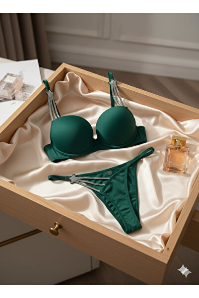 eser lingerie Trend Yıldız Taşlı Push-Up Sütyen & String Takım - Beyaz, Kırmı...
