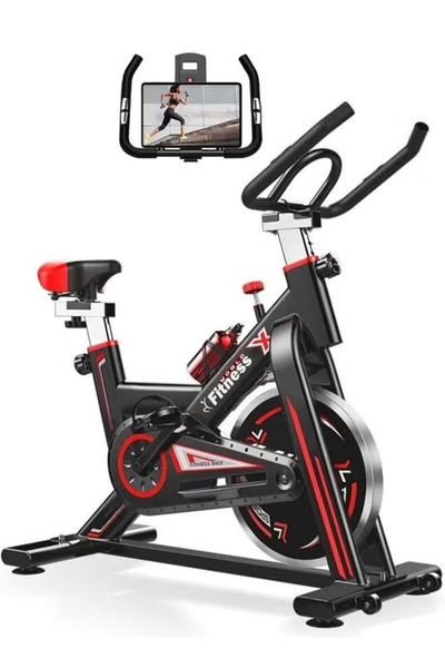 Fitness World Exercise bike with iPad holder, LCD screen, and professional seat