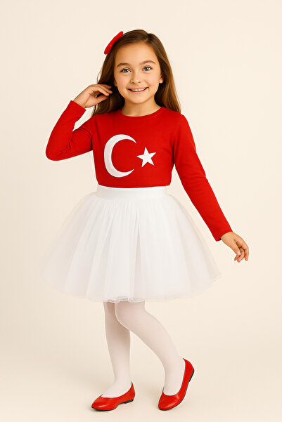 Nacar Kız Çocuk Türk Bayrağı Baskılı Uzun kol T-shirt&Tütü Etek 2li kombin 29 Ekim Gösteri Kıyafeti