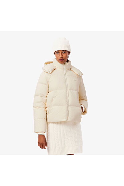 Lacoste Kadın Relaxed Fit Kapüşonlu Krem Şişme Mont