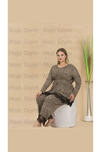 MOPİ Plus Size Cheetah Print Lace Trim Viscose Loungewear & Pajama Set