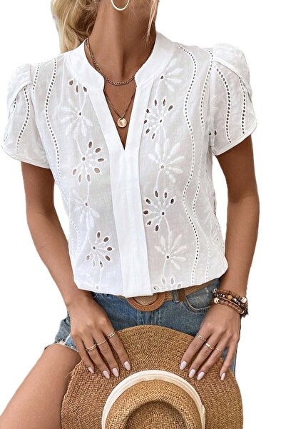 StreetWear Outlet Women's Casual Blouse with Embroidered Cutouts, Neckline Cutout, and Puff Sleeves