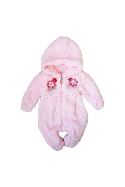 Miniworld Salopeta bebe cu gluga din polar, aplicatii decorative cu flori si perlute, varsta 6-9 luni, 74 cm,