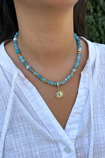 Suerte Accessories Handmade Steel Sun Symbol Tipped Aquamarine Natural Stone Special Design Women's Natural Stone Necklace