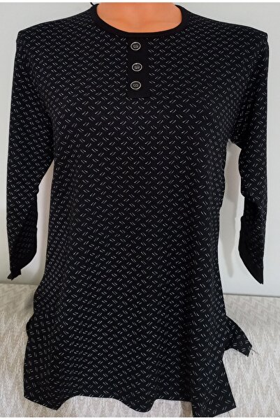 Anne Er Clothing Combed Cotton Blouse Crew Neck Capri Sleeve Patterned Black