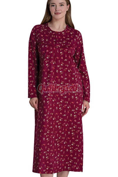 quilling Burgundy Color Floral Patterned 6025 Women, 100% Cotton, Long Sleeve Plus Size Mother Nightgown, Dress