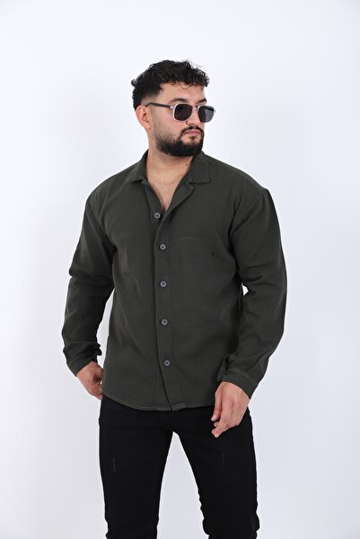 MYRAB DENİM Cămașă cu mânecă lungă pentru bărbați, kaki, croială oversize