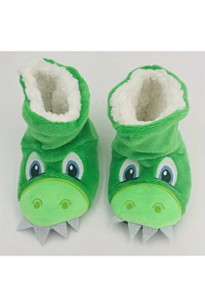 darko Yeşil Dinozorlu Çocuk Panduf Peluş Kışlık Ev Kreş Ayakkabısı Dinozor Dinazor Panduf 26-32 Numara