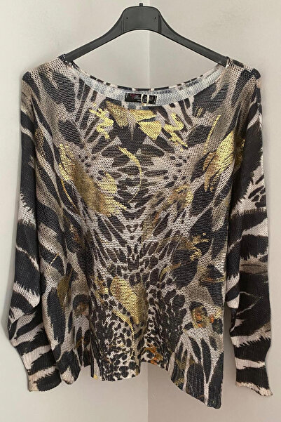 AYASOFYA OTANTIK Γυναικείο πουλόβερ μεσσαριζέ μπλούζα με λεπτομέρεια από φύλλο με μοτίβο σαφάρι σε μπεζ βατίκ ιταλικό στυλ