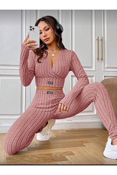 LUVIENNA Kadın Gül Kurusu Fitilli Crop Top & Yüksek Bel Tayt İkili Takım