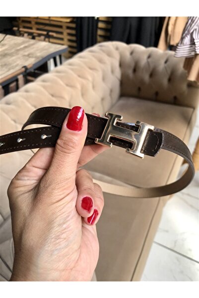 Gözde Tasarım Butik حزام نسائي رفيع من الجلد الصناعي باللون البني الداكن