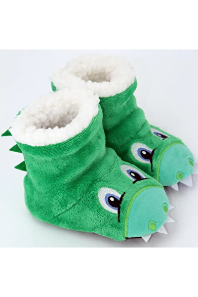 darko Yeşil Dinozorlu Çocuk Panduf Peluş Kışlık Ev Kreş Ayakkabısı Dinozor Dinazor Panduf 26-32 Numara