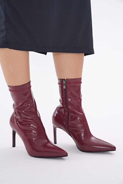 golden heel bordo cilt streç 8.5 cm orta boy kadın topuklu bot