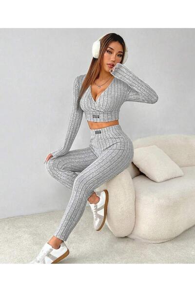 LUVIENNA Kadın Gri Fitilli Crop Top & Yüksek Bel Tayt İkili Takım