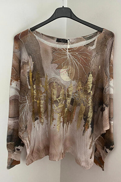 AYASOFYA OTANTIK Γυναικείο ιταλικό καφέ πουλόβερ με αυθεντικό σχέδιο με λεπτομέρεια από φύλλο και μανίκια νυχτερίδας Mercerized