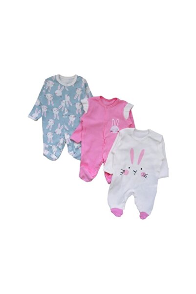 Miniworld Set 3 salopete fetite cu botosei, bumbac reiat, Iepurasi, varsta 3-6 luni, 68 cm, Multicolor