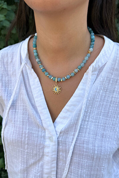 Suerte Accessories Handmade Steel Sun Symbol Tipped Aquamarine Natural Stone Special Design Women's Natural Stone Necklace