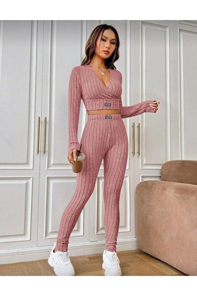 LUVIENNA Kadın Gül Kurusu Fitilli Crop Top & Yüksek Bel Tayt İkili Takım