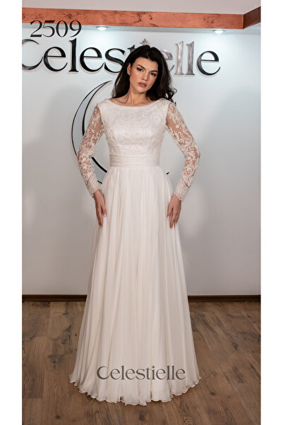 Celestielle A-line wedding dress with silk skirt and long lace sleeves