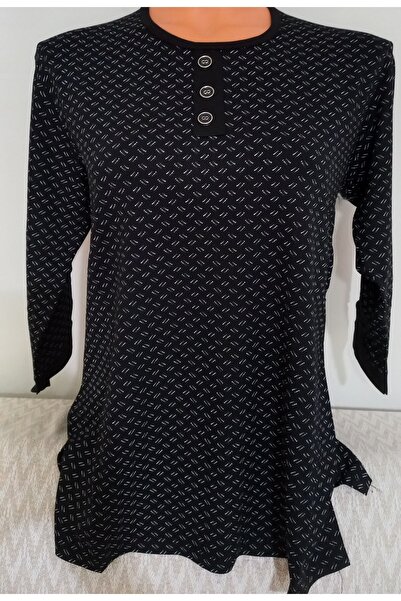 Anne Er Clothing Combed Cotton Blouse Crew Neck Capri Sleeve Patterned Black