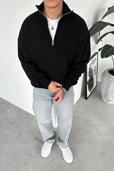 HAFKAGİYİM Μαύρο πλεκτό πουλόβερ με μισό φερμουάρ