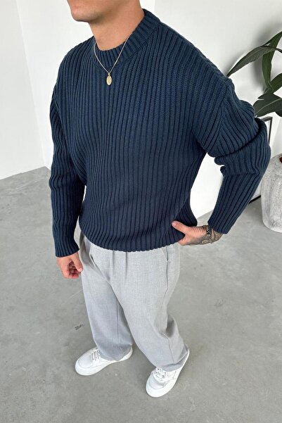 HAFKAGİYİM Pulover tricotat oversize cu gât rotund Indigo