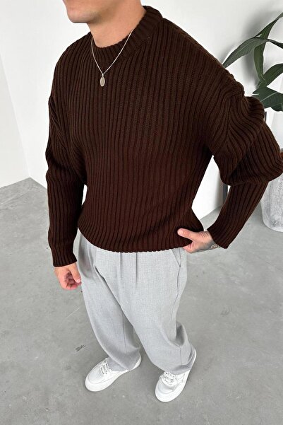 HAFKAGİYİM Brown Crew Neck Ribbed Oversize Knit Sweater