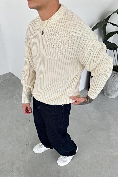 HAFKAGİYİM Πλεκτό πουλόβερ με λαιμόκοψη και ριμπέλ σε χρώμα κρέμα