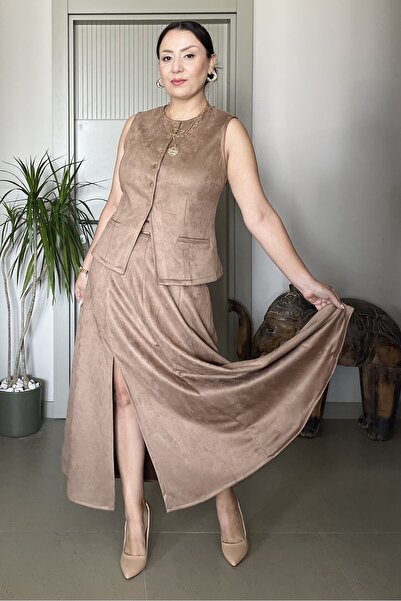 Butik Didem Sakinci Σουέντ Γιλέκο Φούστα Σετ με Ζώνη άνοιγμα Μίντι Μέγεθος