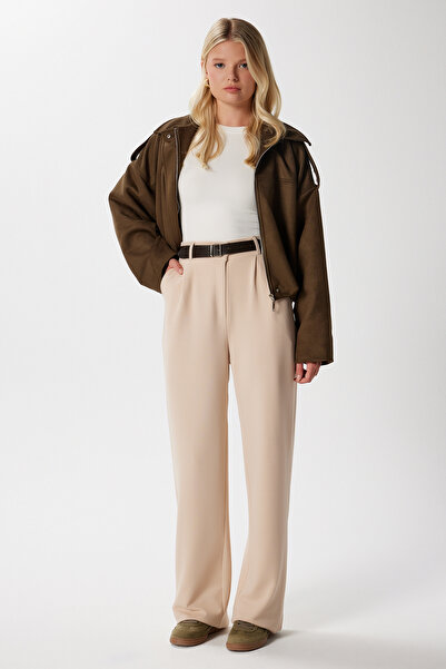 Ritnice Lycra Series Flexible Open Beige Palazzo Trousers with Elastic Waist