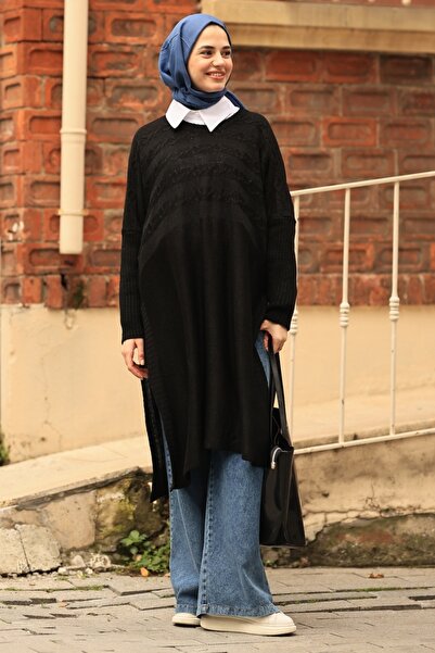 Kombinazon Μακρύ μαύρο τουνίκ με πλεκτό σχέδιο Verna