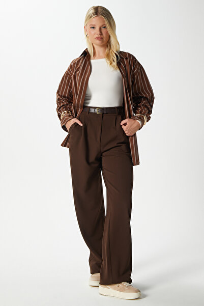 Ritnice Likra Serisi Flex Bel Lastikli Esnek Kahverengi Palazzo Pantolon
