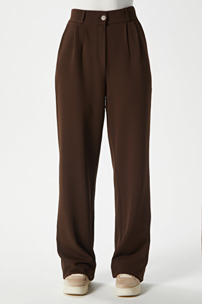 Ritnice Likra Serisi Flex Bel Lastikli Esnek Kahverengi Palazzo Pantolon