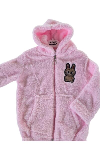 Kids Labubu Pembe kapşonlu peluş hırka