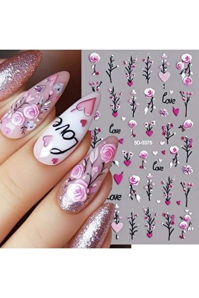 AEÇTASARIM 1 Adet Kabartmalı Pembe Love Tırnak Süsleme Stickerı