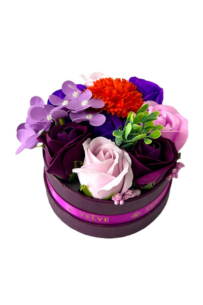 velve Aranjament floral Olla,cutie rotunda grena,trandafiri, hortensie,garoaf...