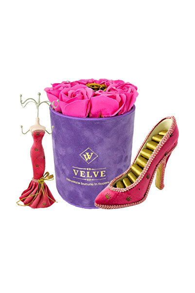 velve Pachet Velvet,9 trandafiri de sapun, Roz/Auriu, suport bijuterii in for...
