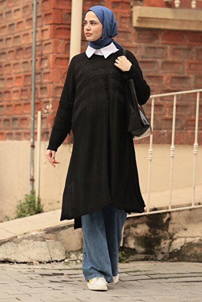 Kombinazon Μακρύ μαύρο τουνίκ με πλεκτό σχέδιο Verna