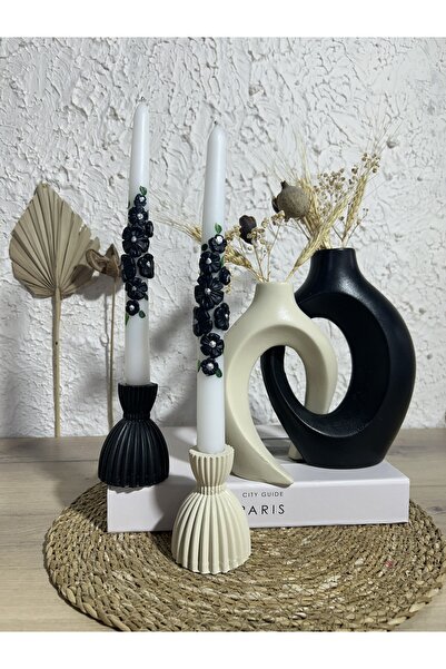 Zigzag Home Set decorativ de 4 piese de vază iubitoare de iederă și suport pentru lumânări din Damasc, set de bibelouri, culoare negru bej