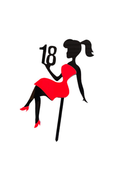 OEM Cake topper Pentru majorat, Model Lady in rochie, Rosu, 11x14cm