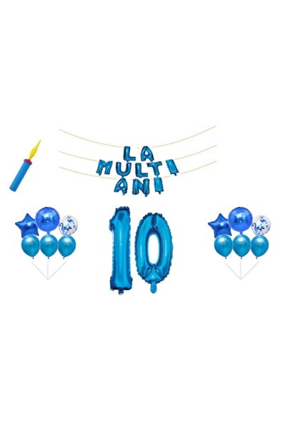 OEM Set baloane aniversare, 10 ani, La multi ani, albastru, cake topper cadou...