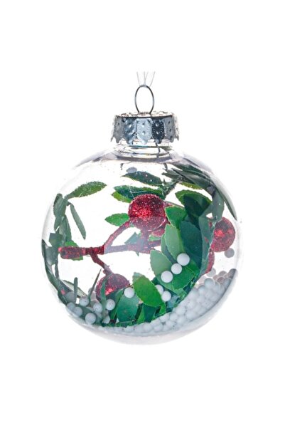 OEM Glob Brad de Craciun, 8 cm, Transparent, Frunze Verzi, Bile Rosii, Glitter
