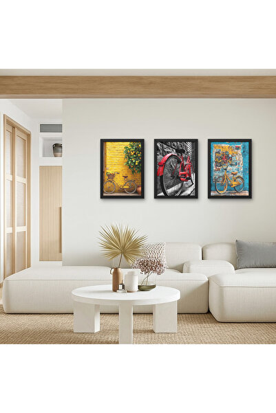 RS JANTİ STORE Set de 3 tablouri din lemn colorate cu tematică de biciclete pop art, decor de perete retro street art, galben roșu
