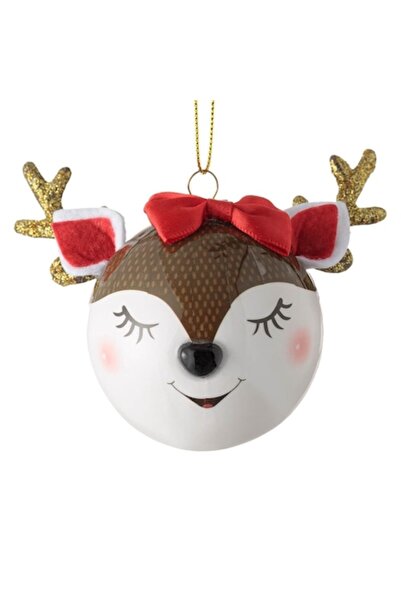 SHOPIENS Ornament de Crăciun, Glob 3D cu Cerb, Sclipici Auriu, Fundă Roșie, 7,5 cm