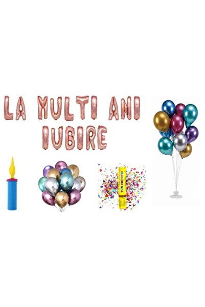 OEM Set Baloane Cadou Cake Topper 'La Multi Ani Iubire', 67 buc, Aur Rose