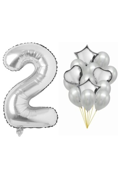 OEM Set de 15 baloane argintii, aniversare de 2 ani - cifră 100 cm, stele 45 ...