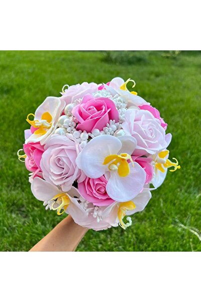 velve Buchet Mireasa, trandafiri, orhidee, stamine si perle, roz-alb,